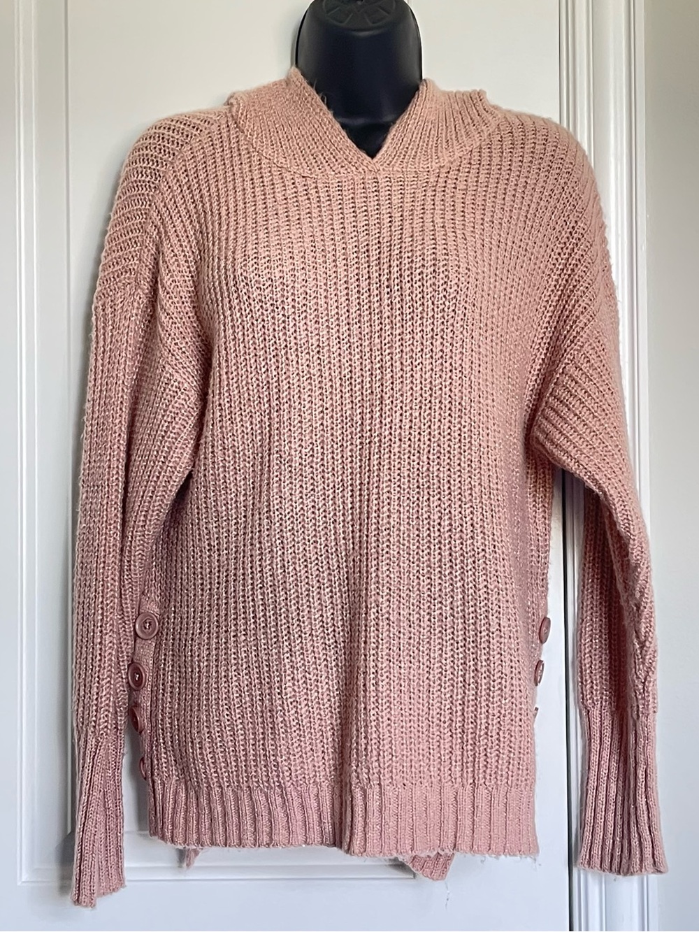 DB Sunday Dressbarn Metallic Blush Pink Knit Hooded Sweater Size M